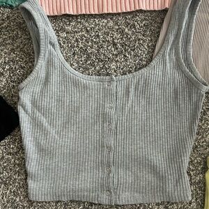 Gray Ribbed Button-Down Tank Top